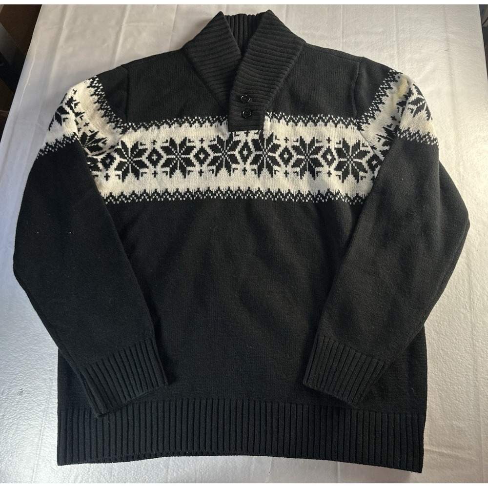 H2H Shawl Collar Nordic Snowflake Knit Sweater Black White‎ Men's XL